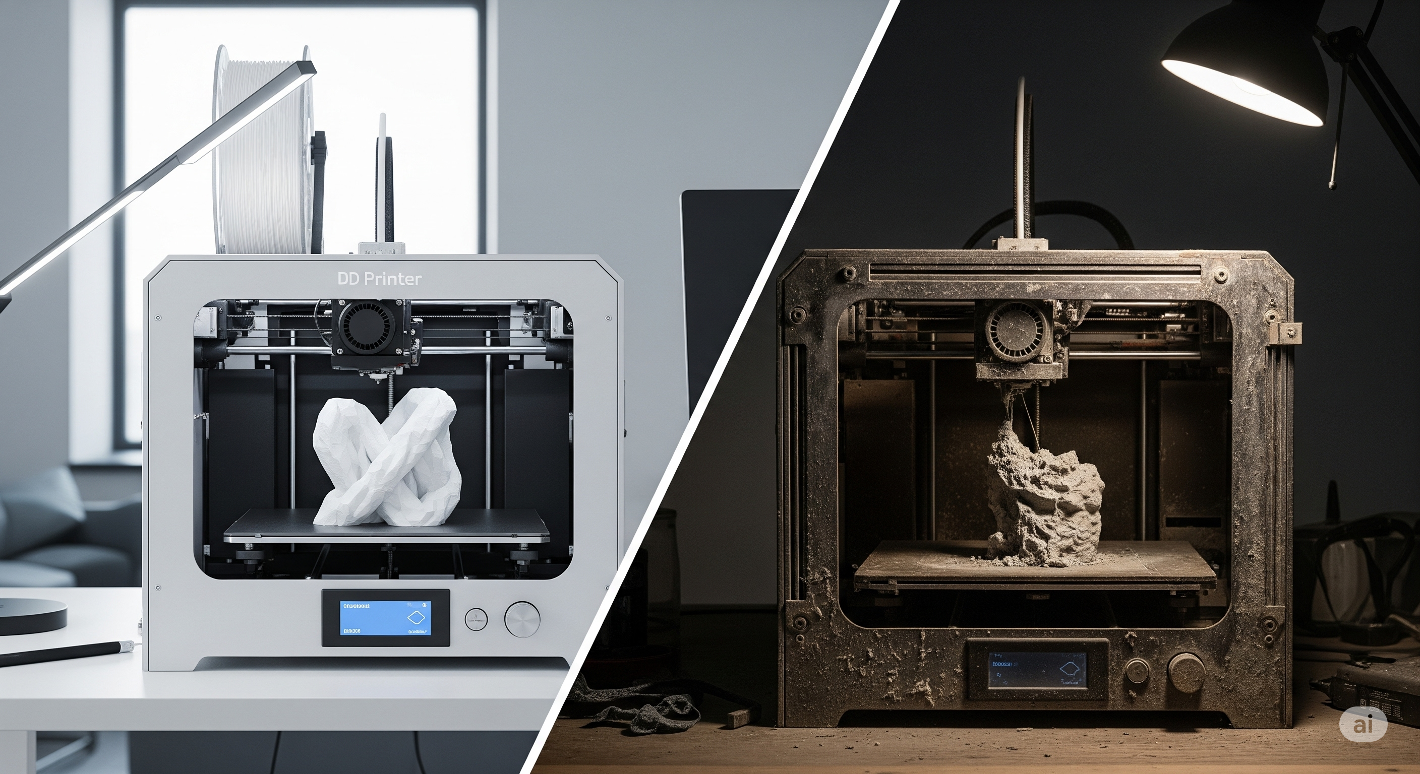 Parlayan ve iyi bakılmış bir 3D yazıcı, arka planda sorunsuz çalışan mekanik parçalar