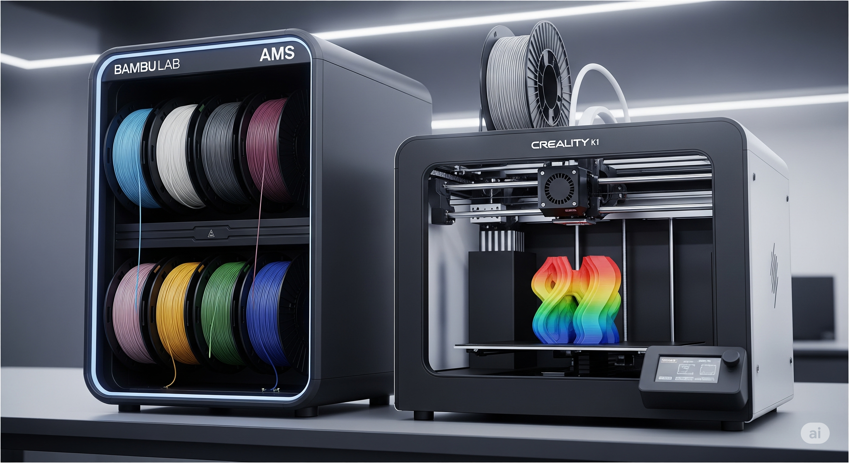 Bambu Lab AMS veya Prusa MMU gibi çoklu filament makaralarının bir 3D yazıcıya bağlandığı otomatik malzeme sistemi.