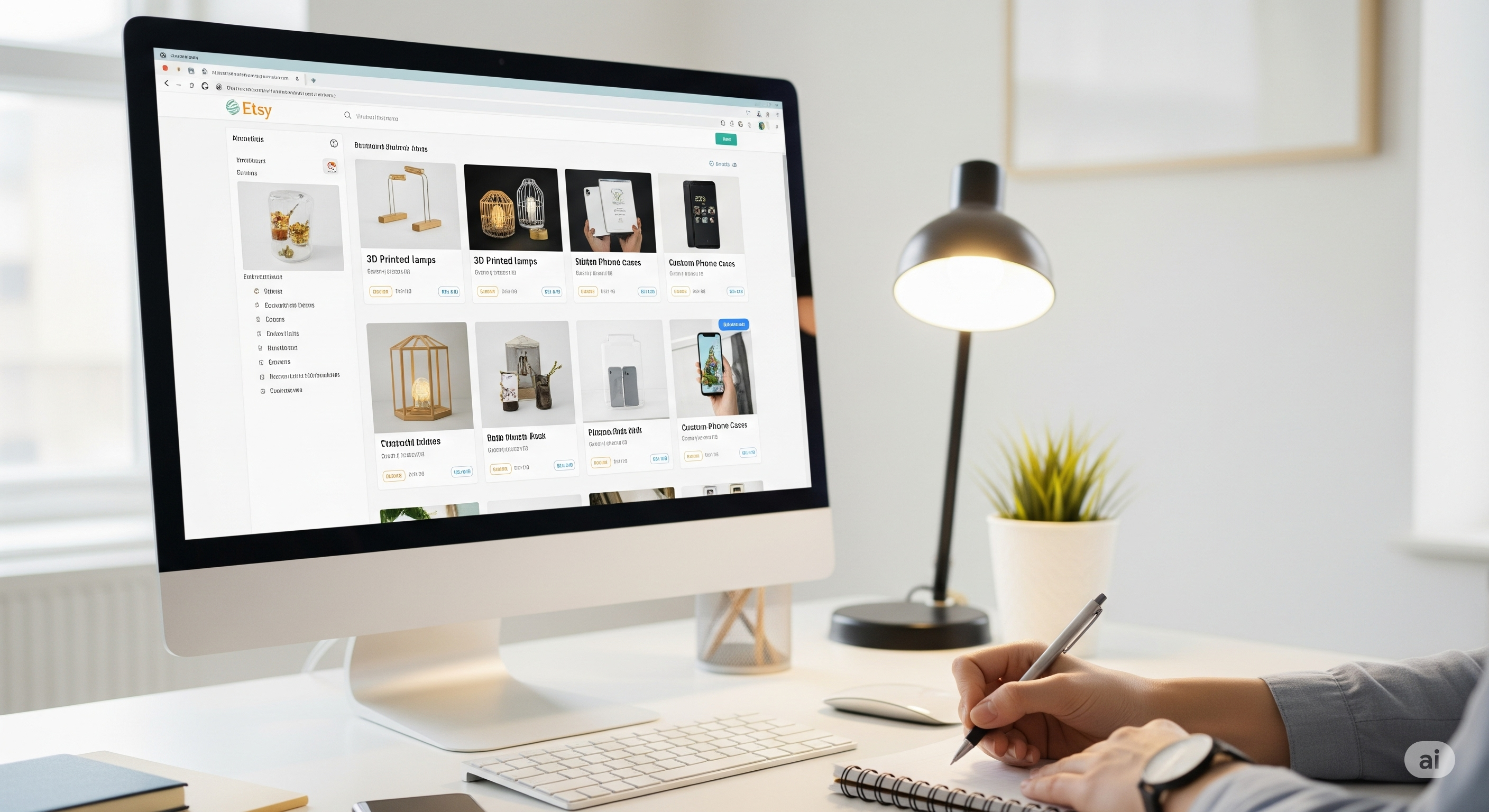 Bir bilgisayar ekranında Etsy gibi bir e-ticaret sitesinde benzer 3D baskı ürünlerinin fiyatlarının ve özelliklerinin karşılaştırılması.