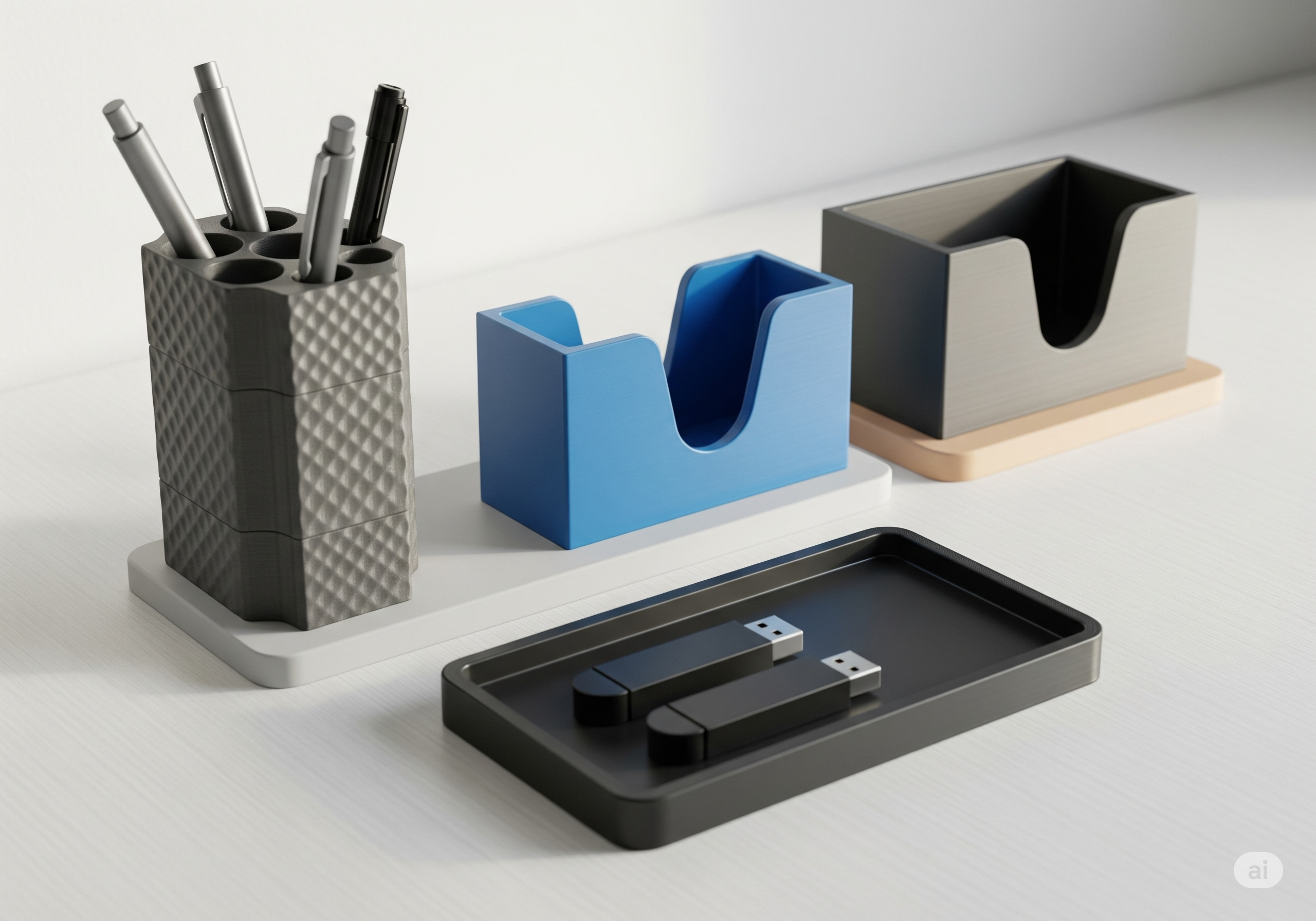 3D baskılı, modüler kalemlikler, kablo klipsleri ve telefon standı gibi masaüstü düzenleyiciler.