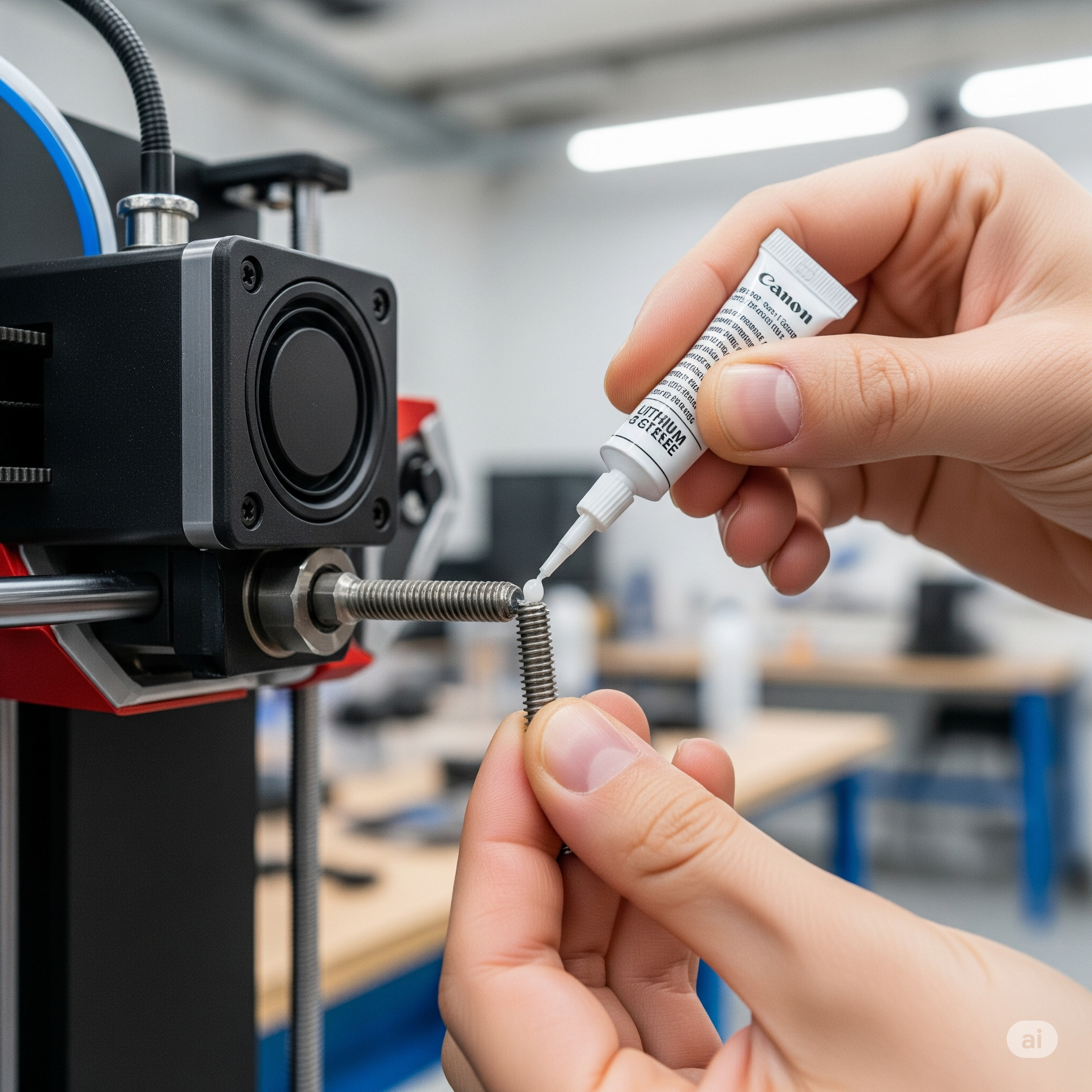 Bir kişinin 3D yazıcının Z ekseni vidalı milini nazikçe yağladığı yakın çekim