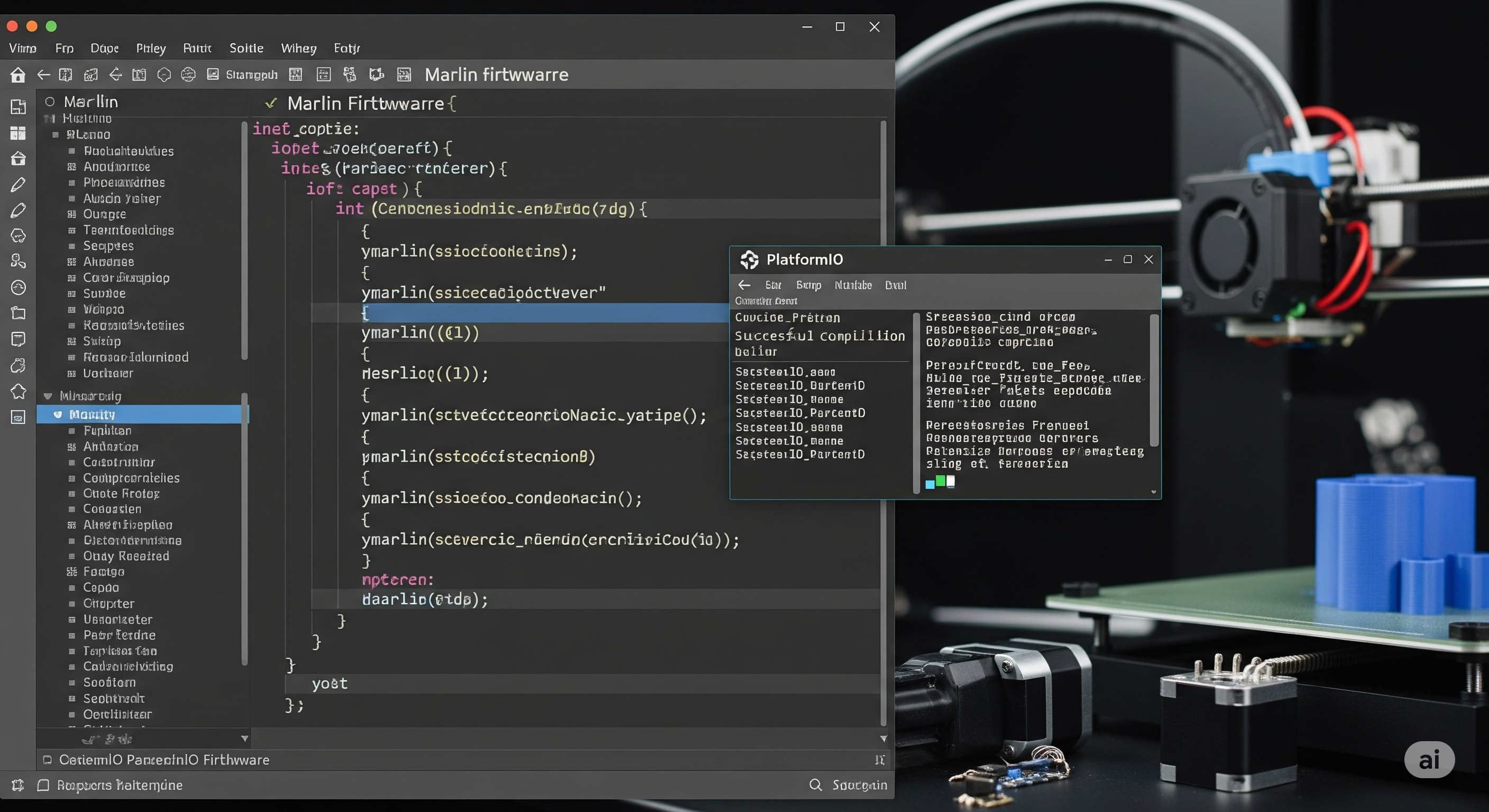 Bir bilgisayar ekranında Visual Studio Code’da Marlin firmware kodları ve PlatformIO arayüzü.