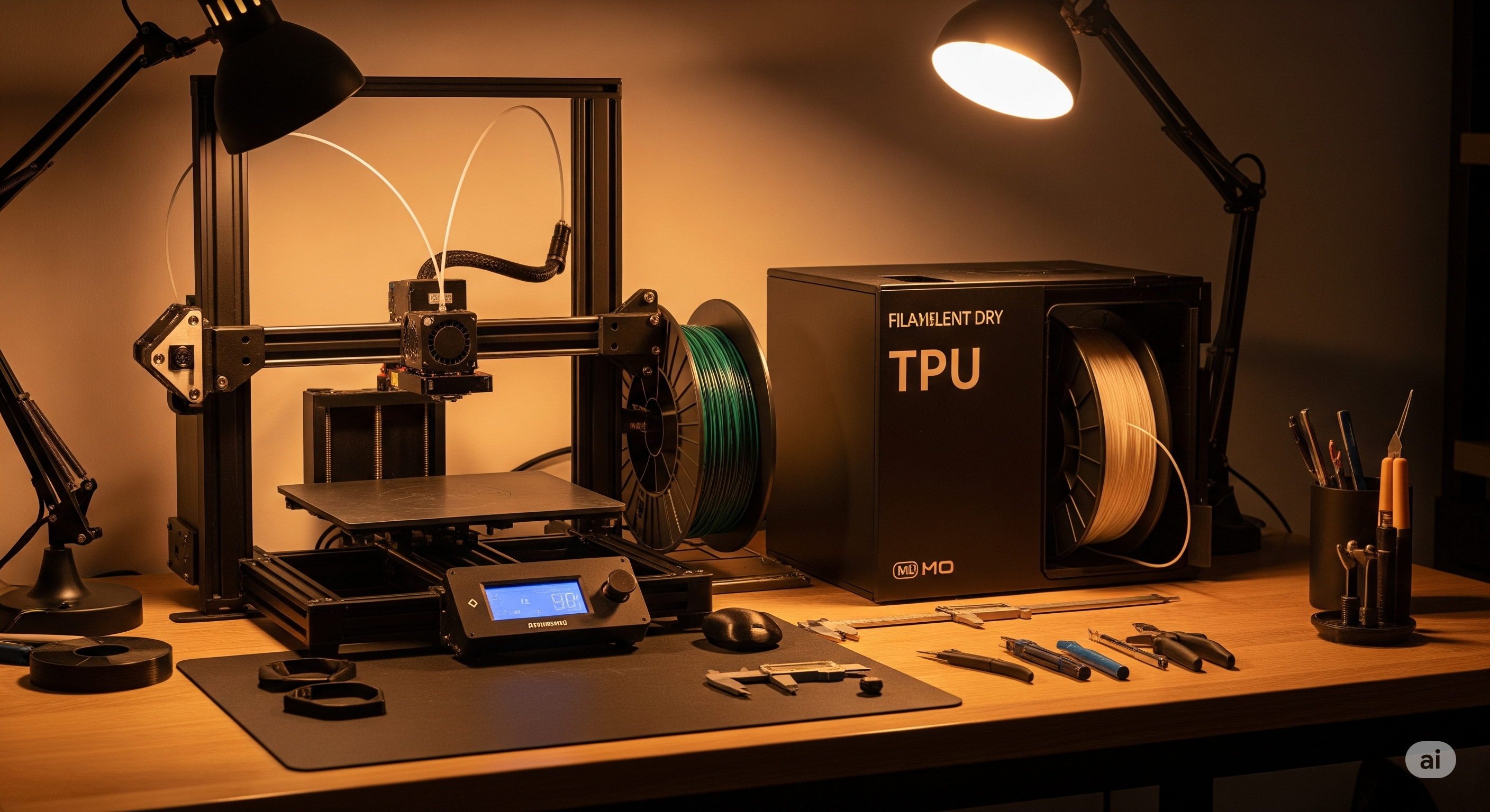 Bir masada, bir 3D yazıcıda direct drive ekstrüder, filament kurutma kutusu ve çeşitli aletler düzenli bir şekilde gösteriliyor.