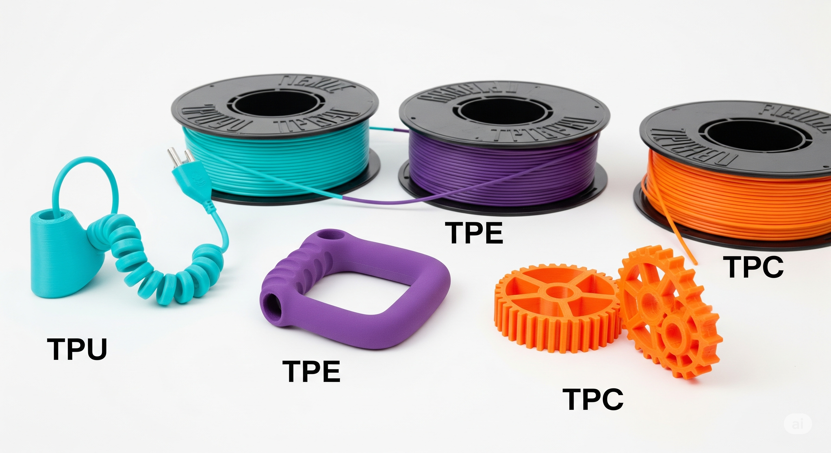 Farklı renklerde esnek filament makaraları (TPU, TPE etiketli) ve bu filamentlerden basılmış esnek nesne örnekleri (telefon kılıfı, contalar).
