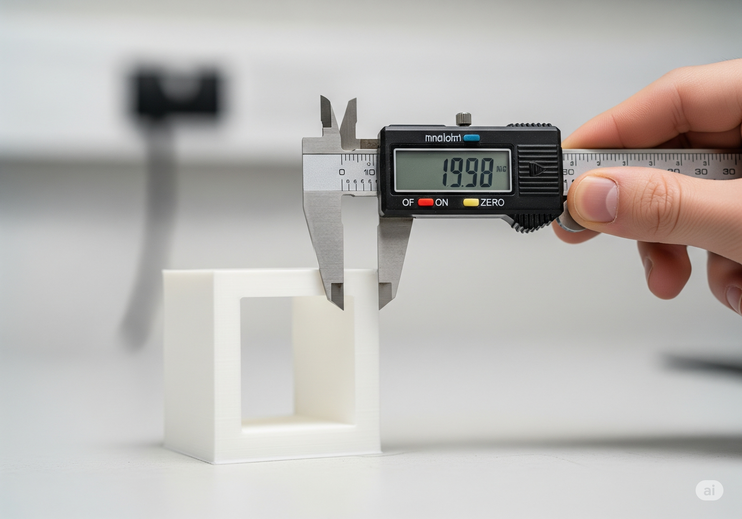 Bir kişinin elinde kumpas ile tek duvarlı bir 3D baskı küpünün duvar kalınlığını ölçtüğü yakın çekim.