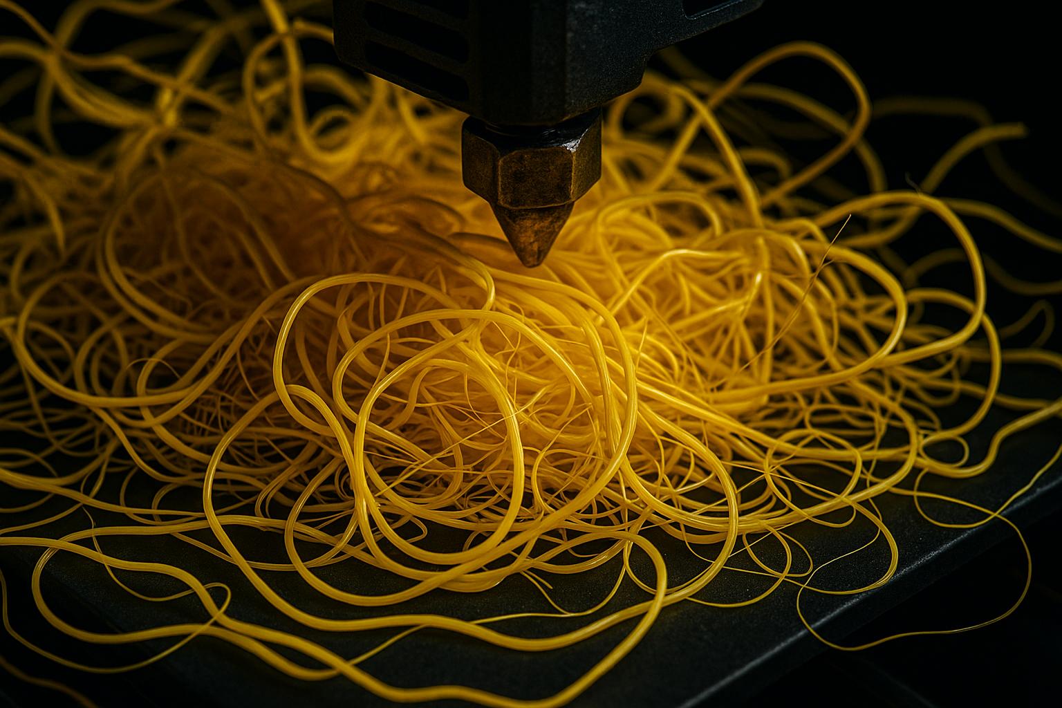 Baskı tablasının üzerinde bir 3D model yerine karışık bir filament yığını olan Spagetti Canavarı hatası