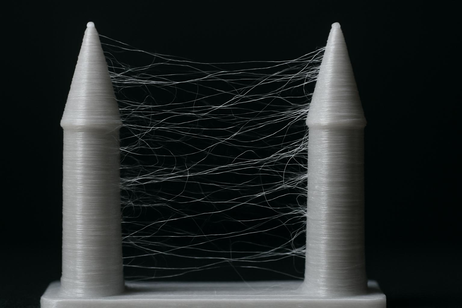 İki kule arasında örümcek ağı gibi ince plastik ipliklerin uzandığı stringing hatası