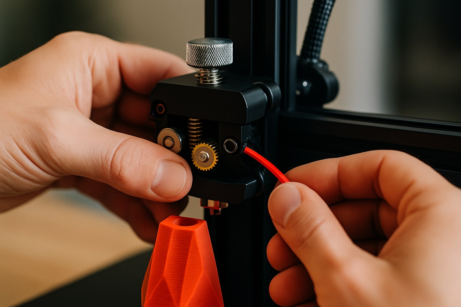 Bir kişinin filamentin ucunu 3D yazıcının extruder mekanizmasına takması