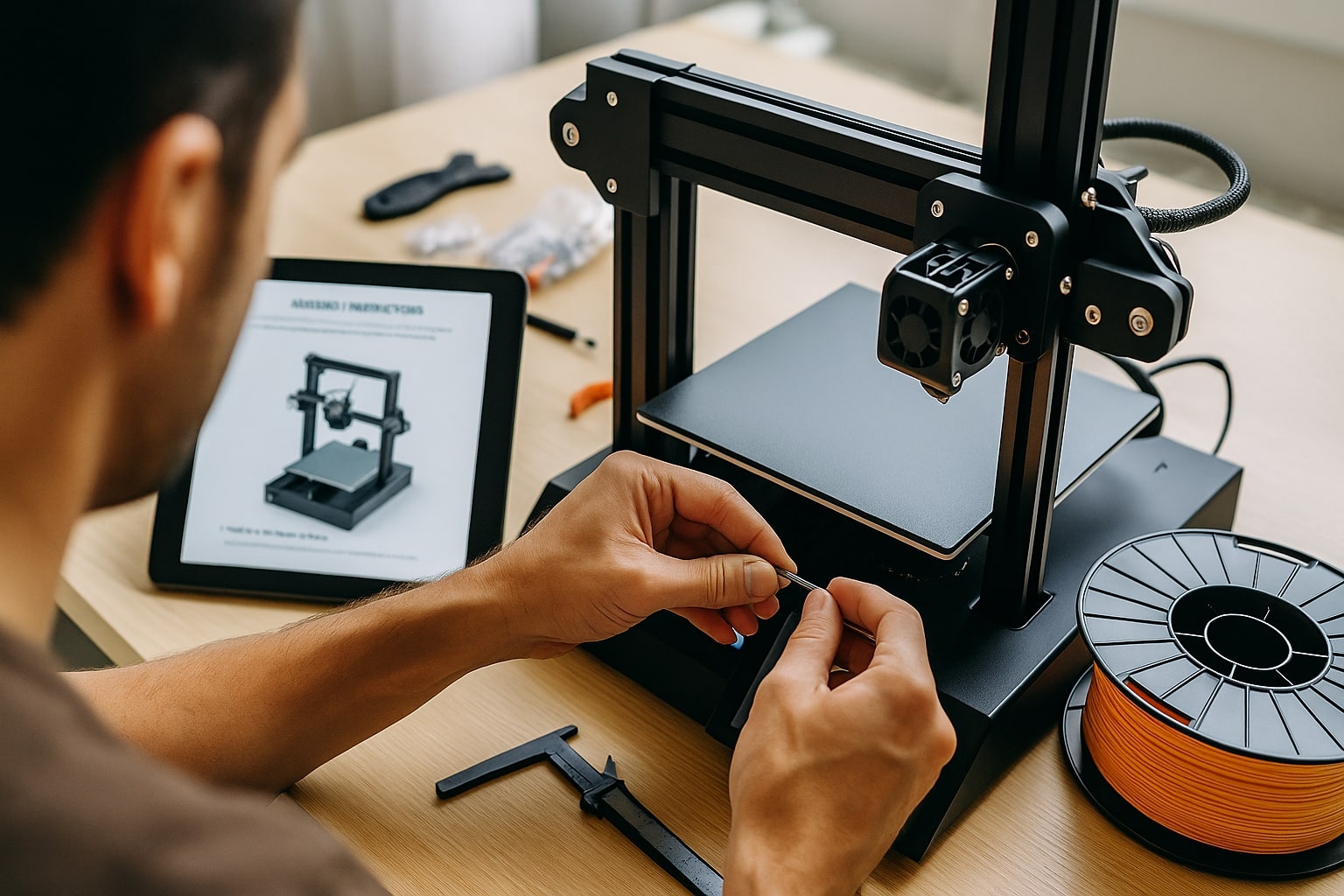 Bir kişinin 3D yazıcı montaj kılavuzuna bakarak parçaları birleştirmesi