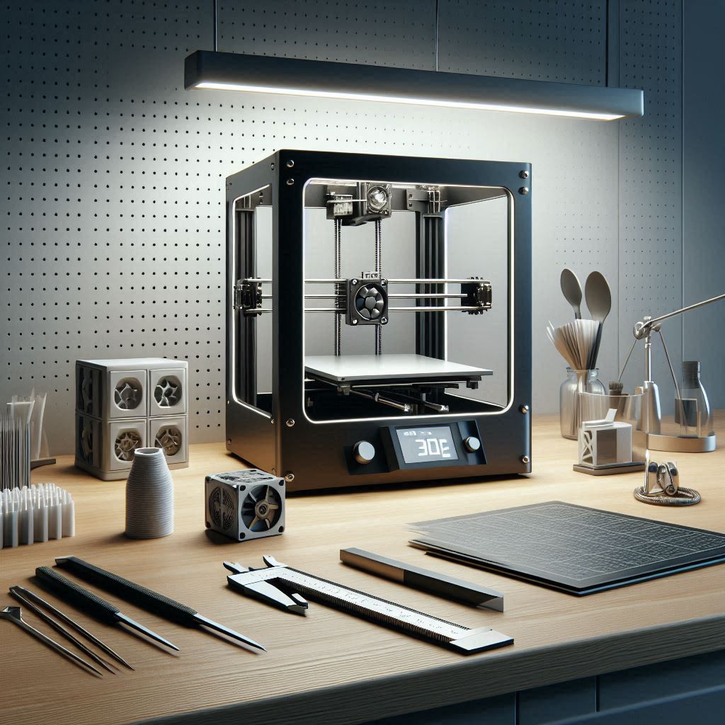 Bir masanın üzerinde yeni kurulmuş bir FDM 3D yazıcı ve yanında başarılı bir test baskısı duruyor
