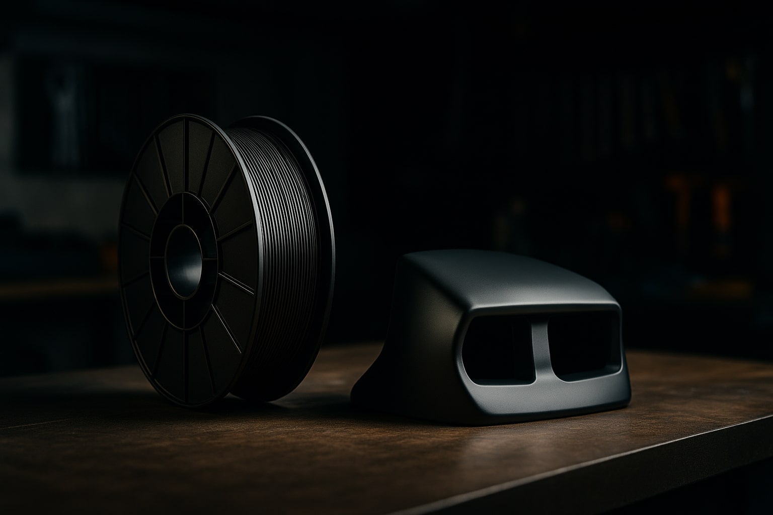 Mat siyah bir ABS filament makarası ve ondan basılmış, yüzeyi asetonla pürüzsüzleştirilmiş bir araba parçası