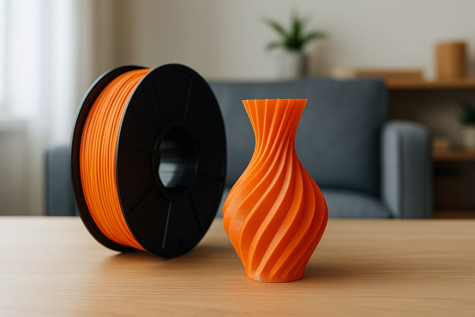 Parlak turuncu renkte bir PLA filament makarası ve ondan basılmış geometrik bir vazo