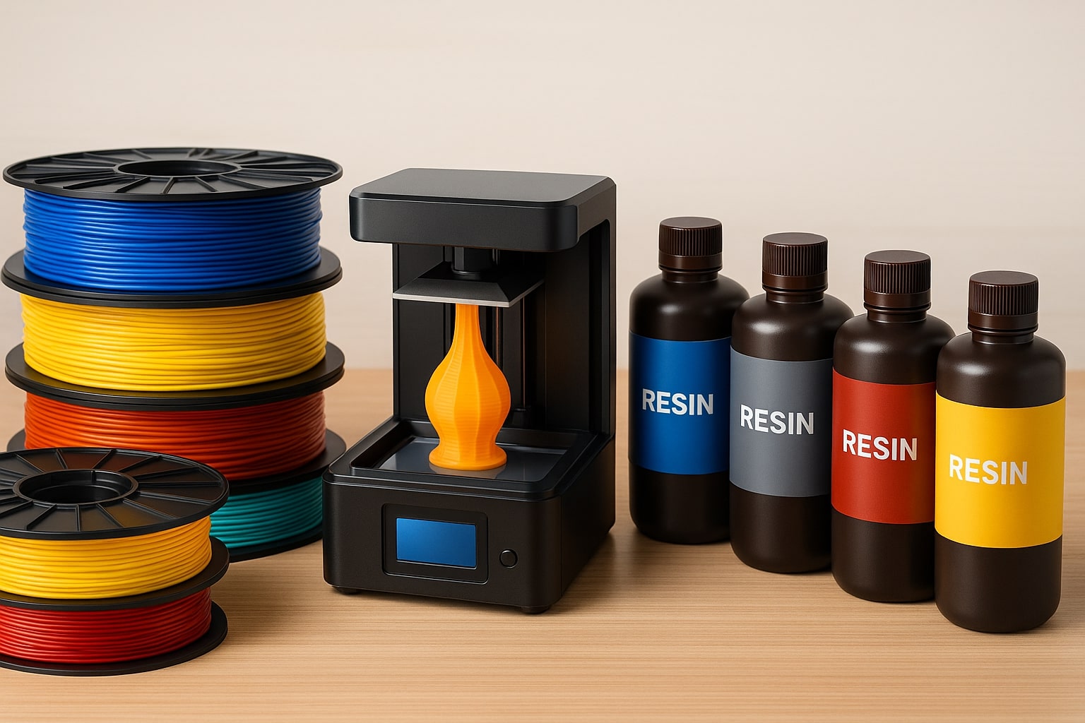 Farklı renklerde filament makaraları ve reçine şişeleri yan yana duruyor