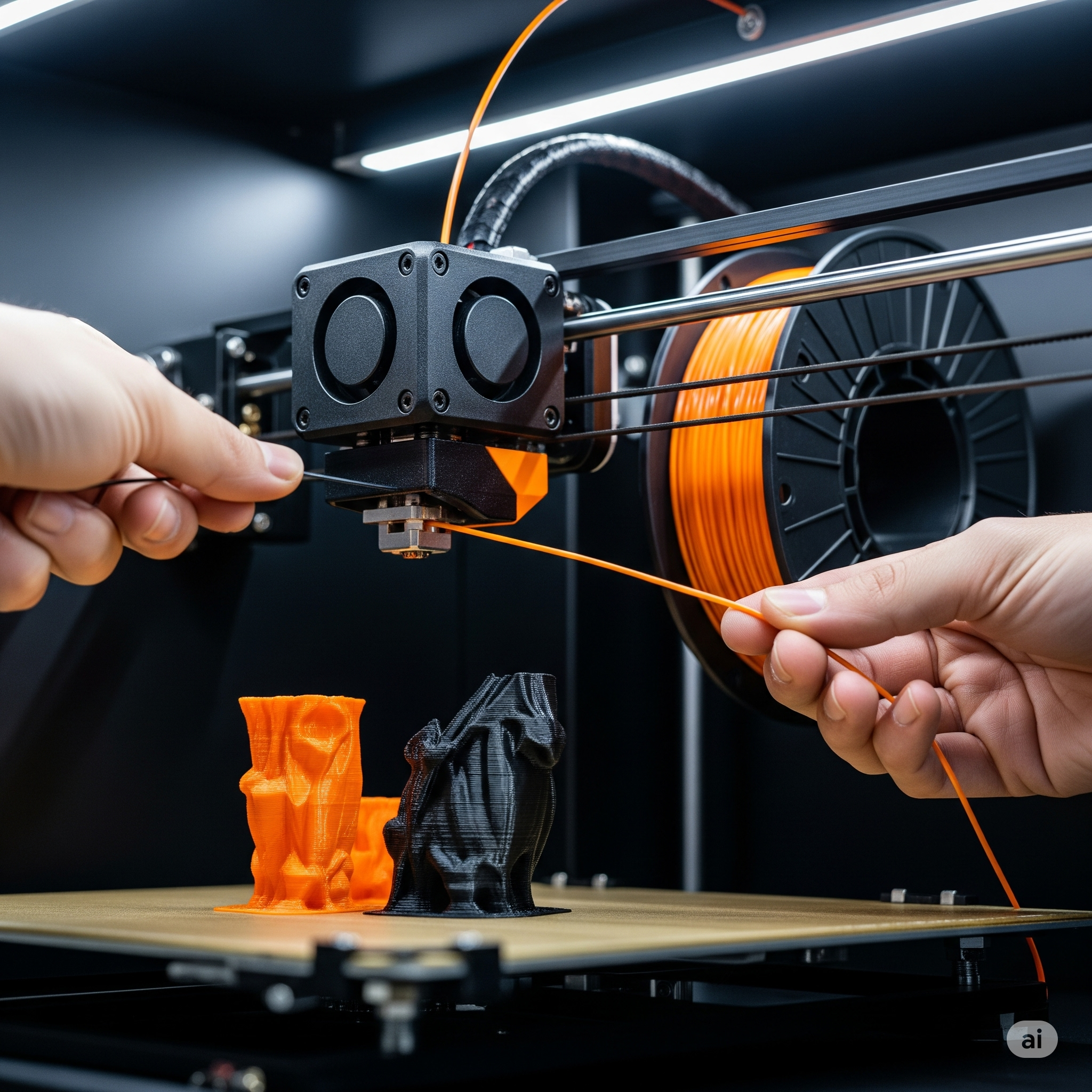 Bir 3D yazıcıda, baskı duraklatılmış haldeyken bir elin eski filamenti çıkarıp yeni renk filamenti taktığı yakın çekim.