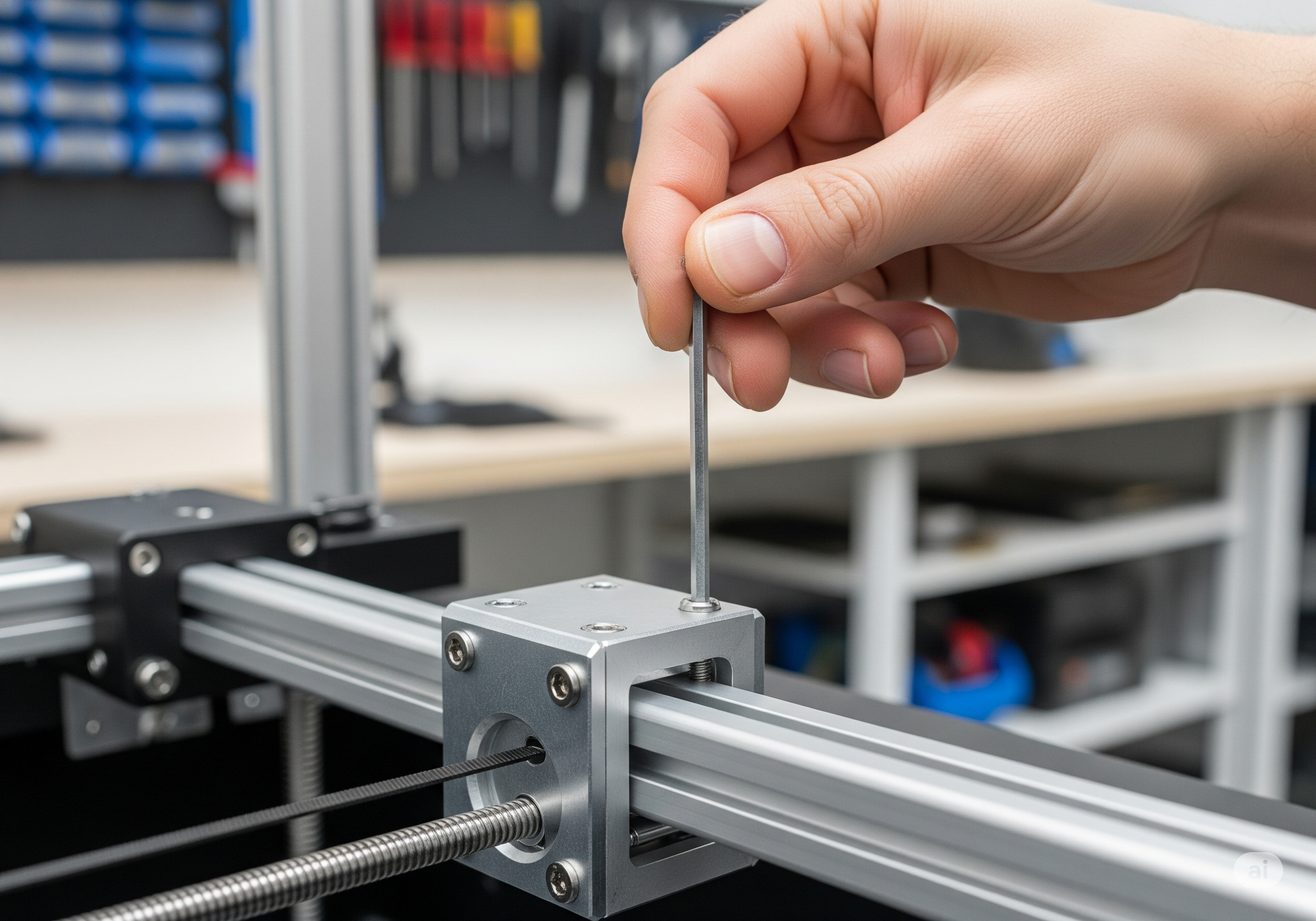Bir kişinin elinde tornavida ile 3D yazıcının kayış gerginliğini veya vidalarını kontrol ettiği yakın çekim.
