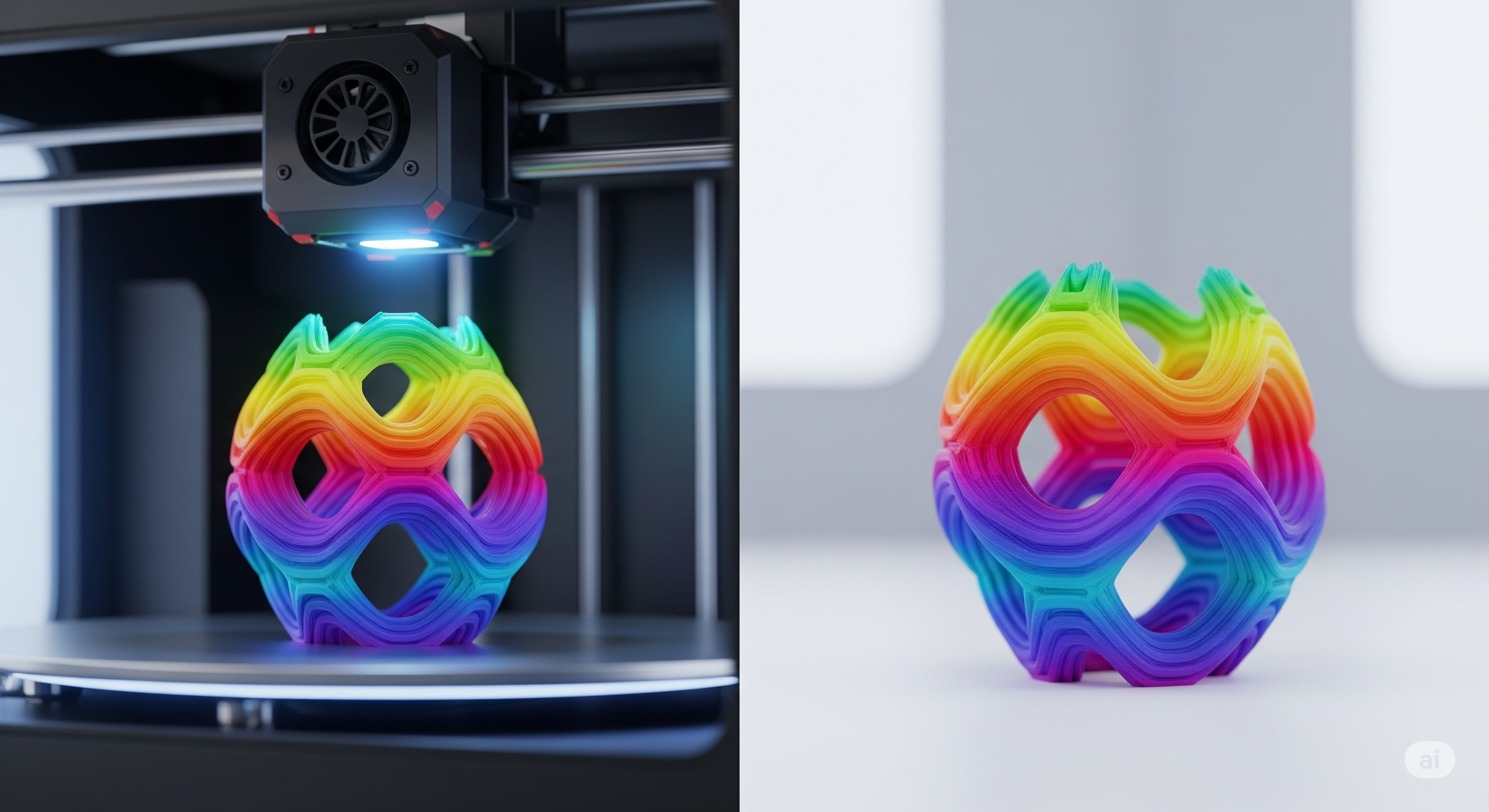 Canlı renklerde basılmış, çok renkli, katmanlı bir 3D baskı objesi.