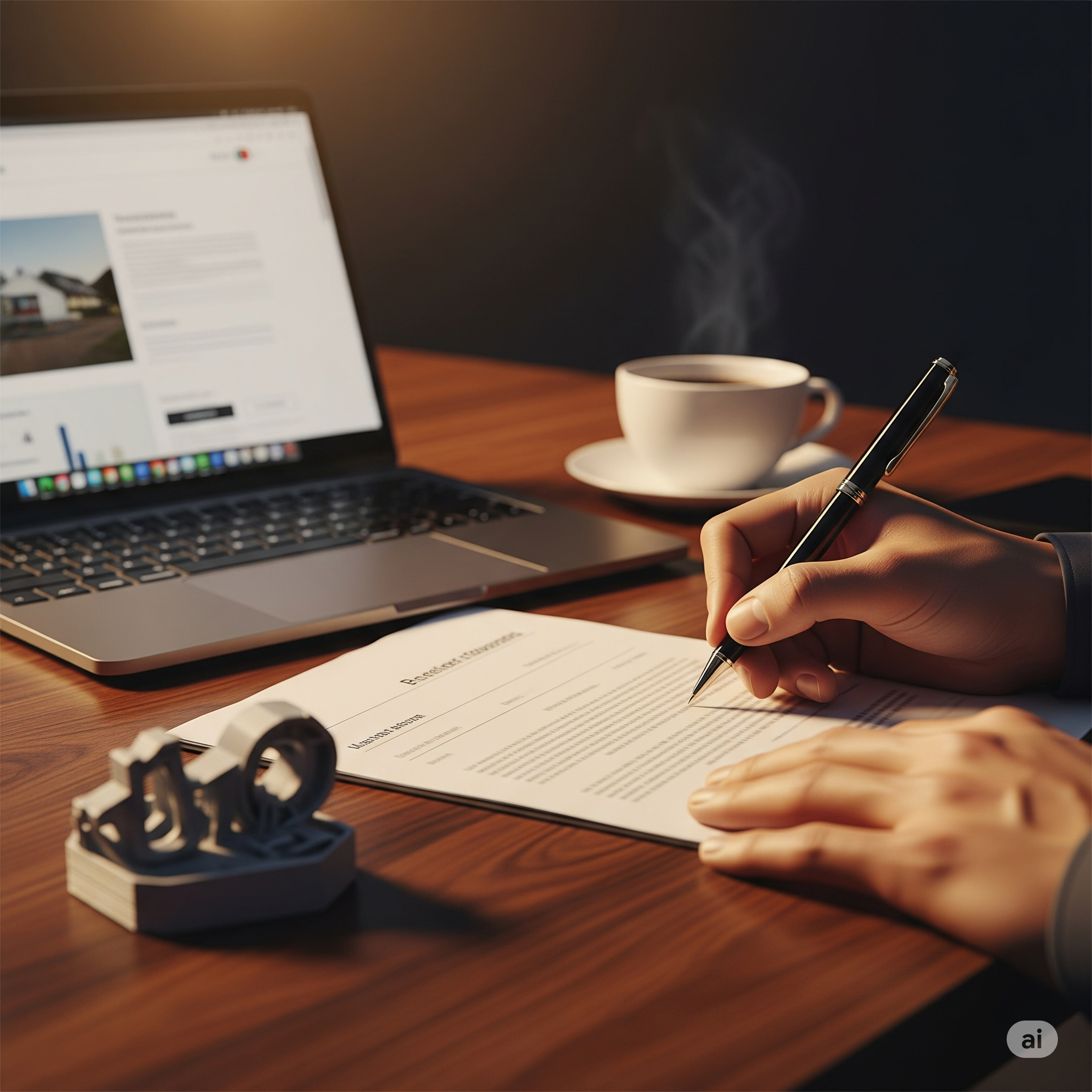 Düzenli bir masada, bir hesap makinesi, resmi belgeler ve yanında şık bir 3D baskı ürünün olduğu profesyonel bir fotoğraf.