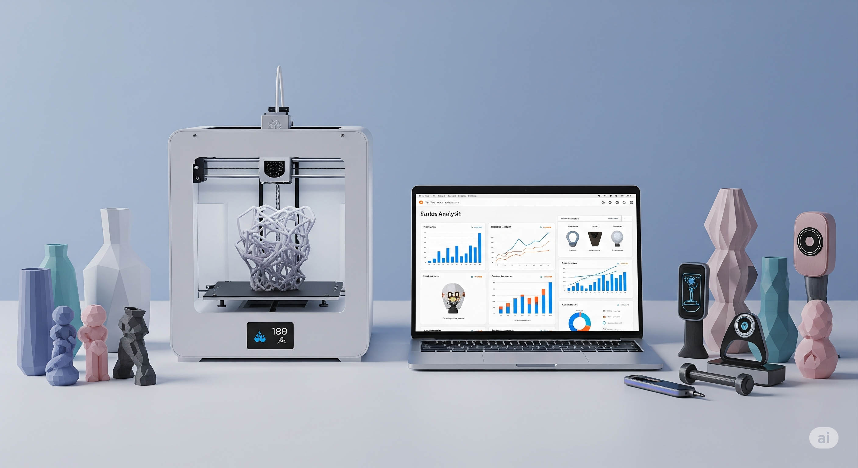 Masaüstünde 3D baskı ürünleri ve bir bilgisayar ekranında pazar grafikleri