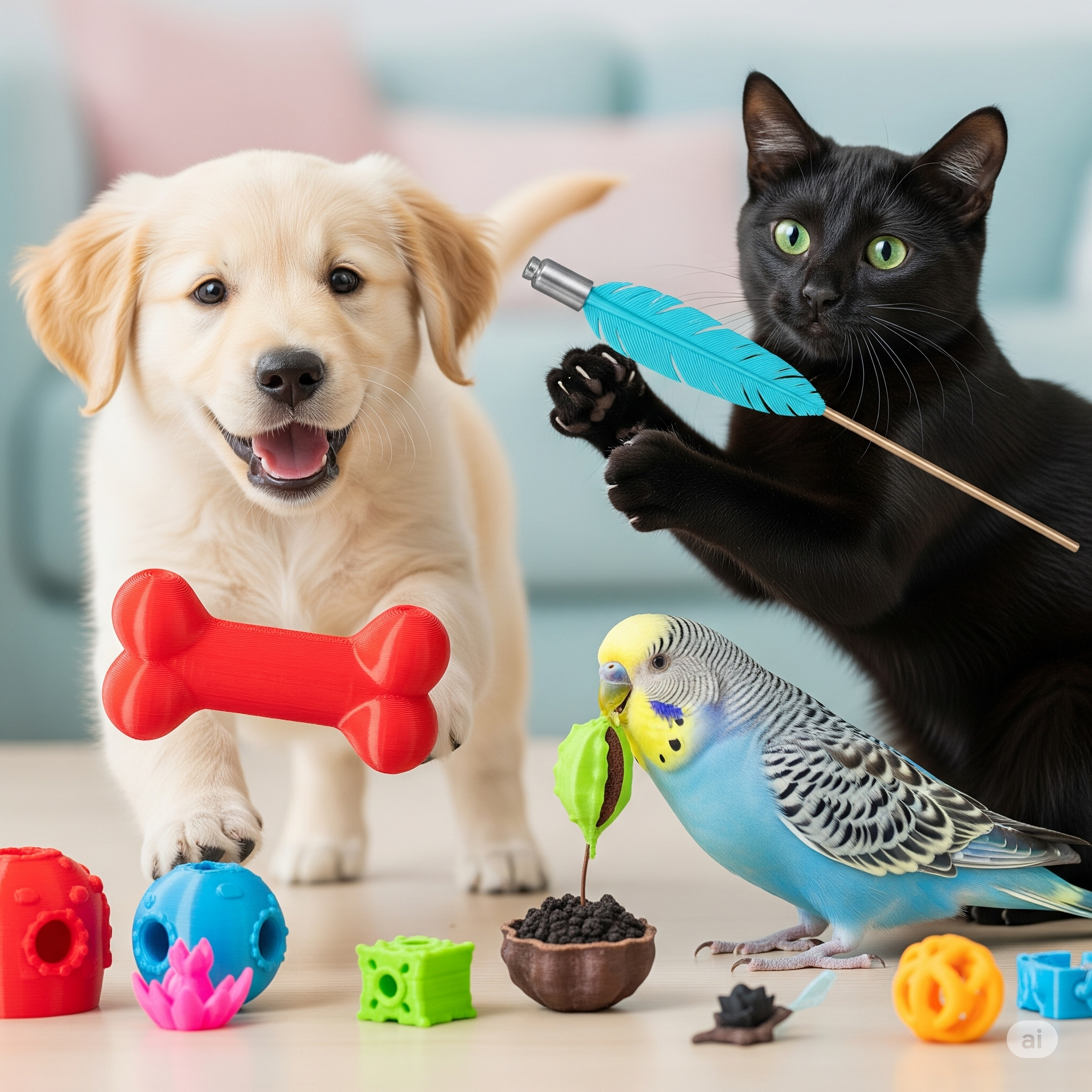 Çeşitli ırklardan sevimli evcil hayvanlar (köpek, kedi, kuş), mutlu bir şekilde etrafa yayılmış kişiselleştirilmiş 3D baskı oyuncakları ve aksesuarlarıyla oynuyor.