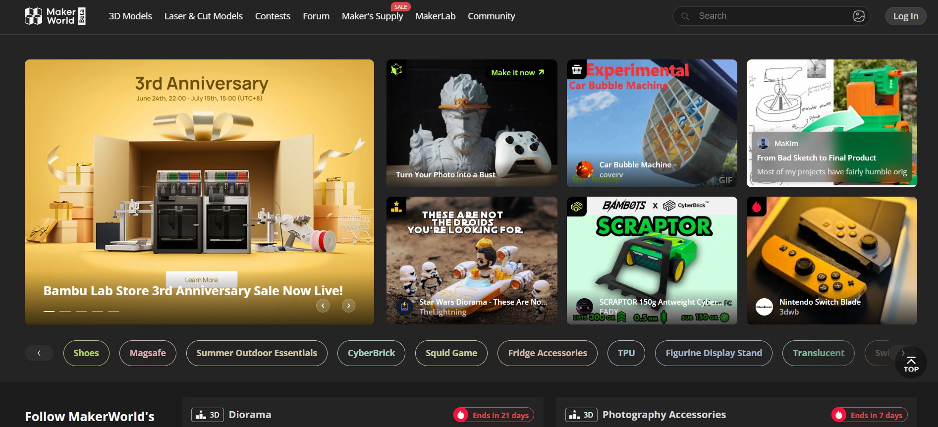 MakerWorld sitesinin arayüzü, modellerin yanında “Print Profile” butonları görünüyor
