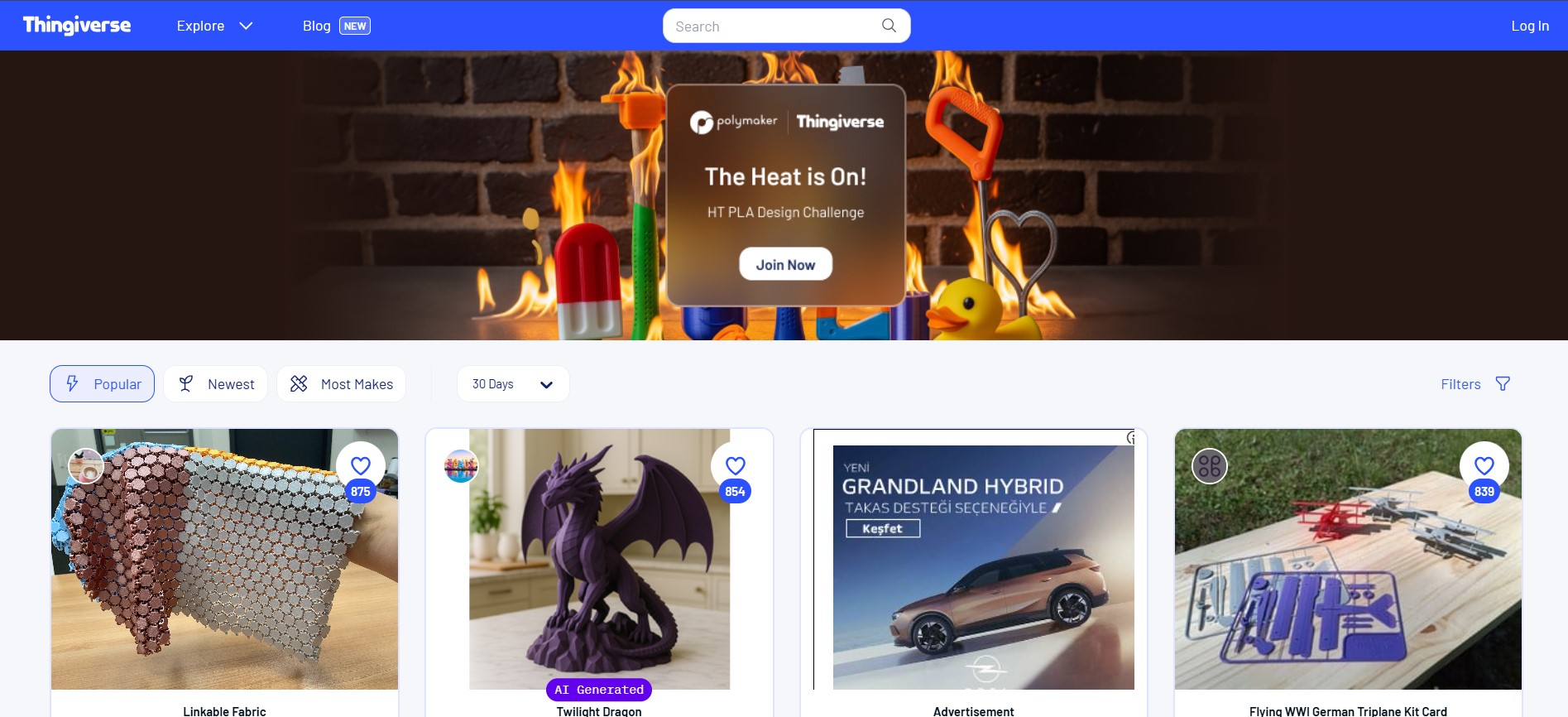 Thingiverse web sitesinin klasik arayüzünü ve model çeşitliliğini gösteren bir ekran görüntüsü