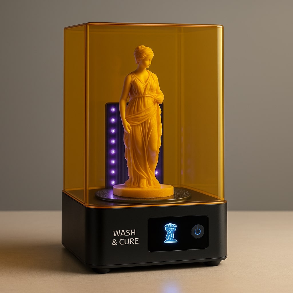 Bir yıkama ve kürleme istasyonunun içinde dönen ve UV ışığı alan bir 3D model