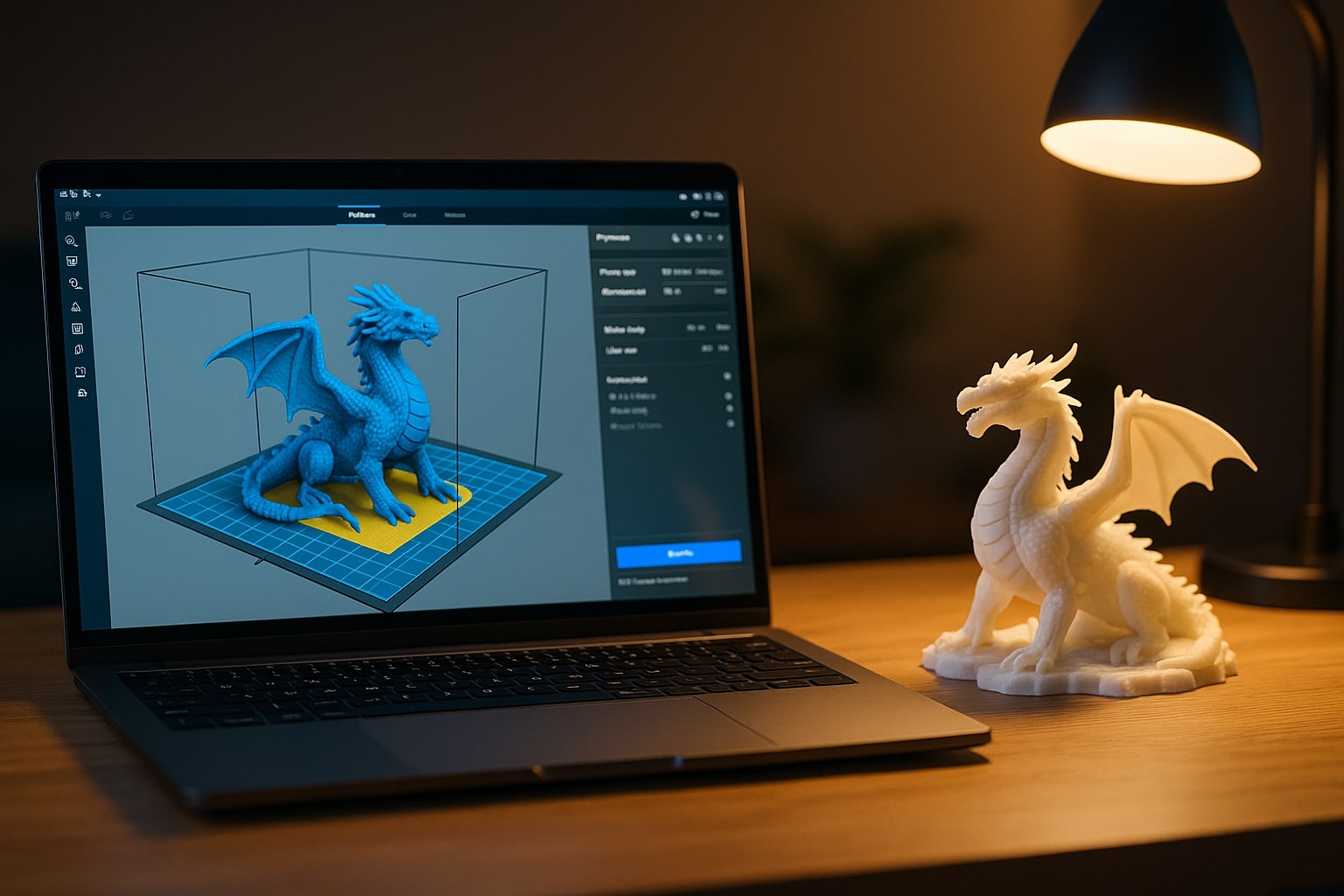 Bir bilgisayar ekranında 3D slicer yazılımı ve yanında mükemmel basılmış bir 3D obje