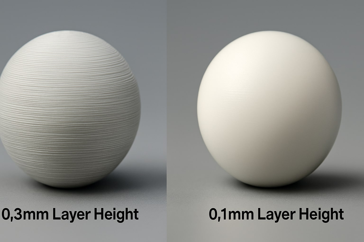 Aynı 3D modelin farklı katman yükseklikleriyle basılmış iki versiyonu yan yana: Biri pürüzsüz, diğeri belirgin katman çizgili
