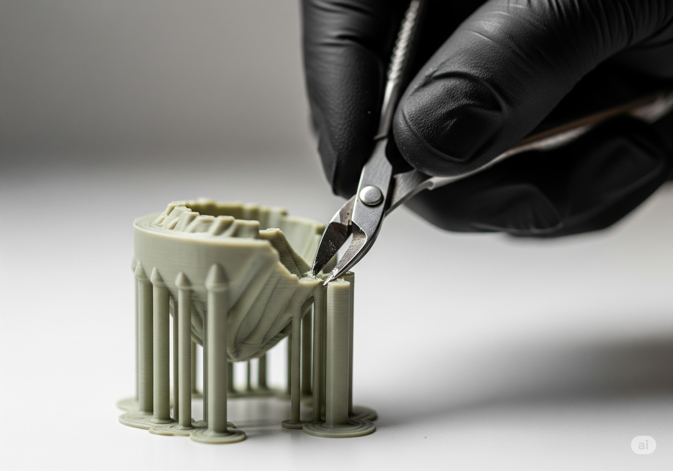 Bir kişinin elinde yan keski ile 3D baskı modelinden destek yapılarını dikkatlice kestiği yakın çekim.