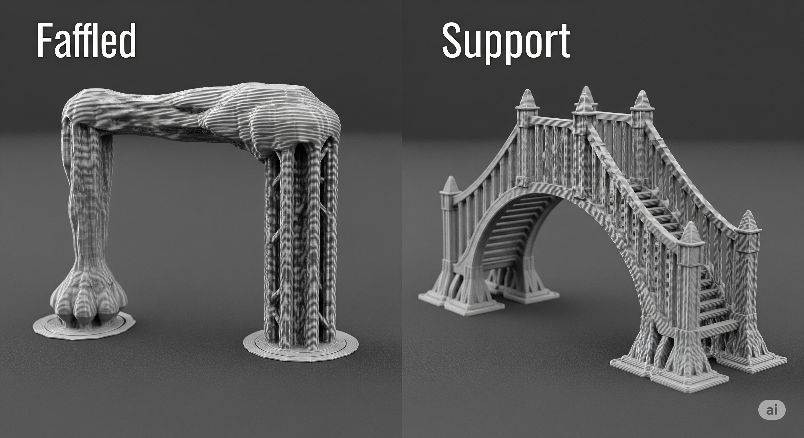 3D yazıcıda baskı sırasında aşırı çıkıntılı bir modelin altında oluşan destek yapıları.