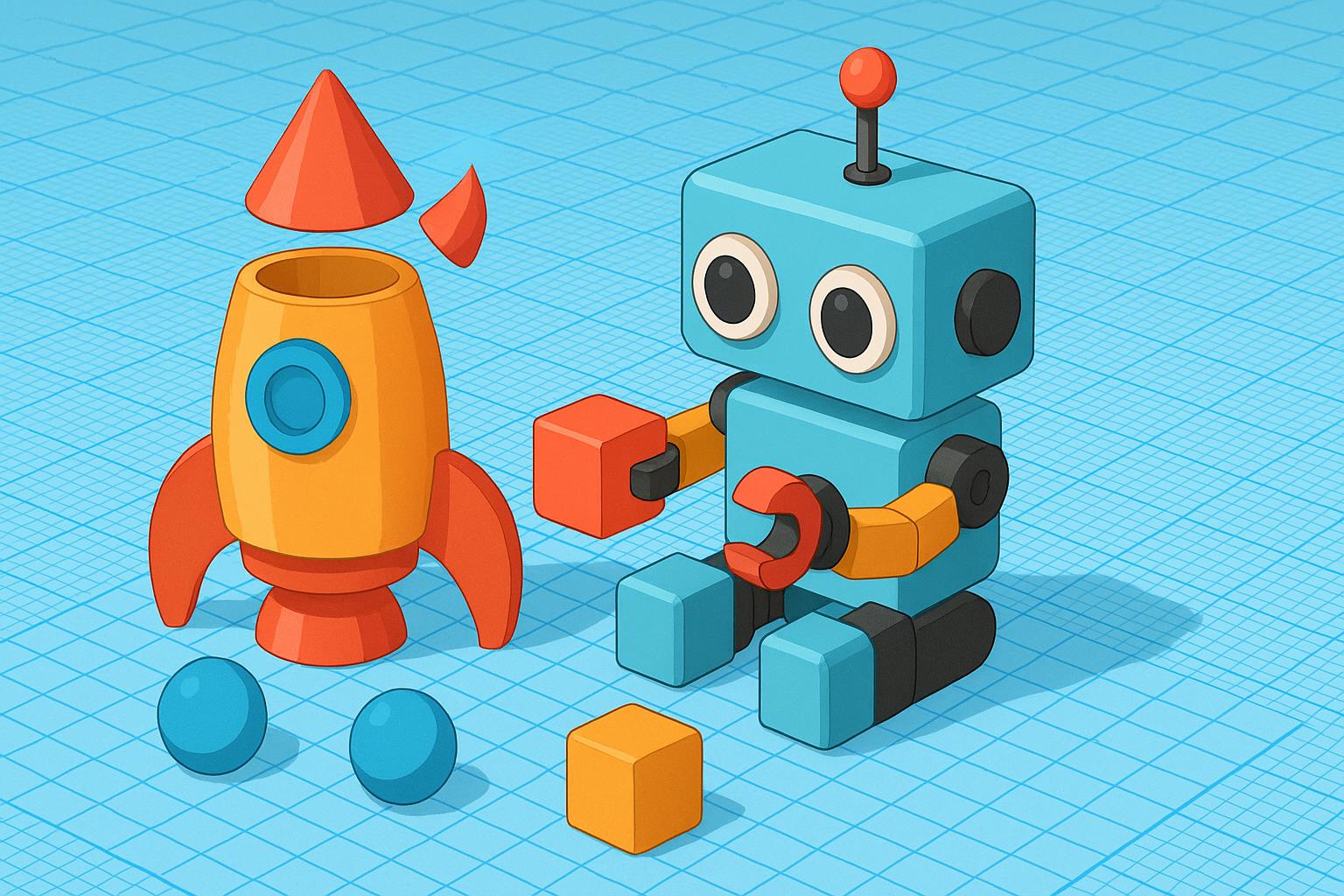 Bir bilgisayar ekranında Tinkercad'de tasarlanmış renkli ve basit bir roket modeli