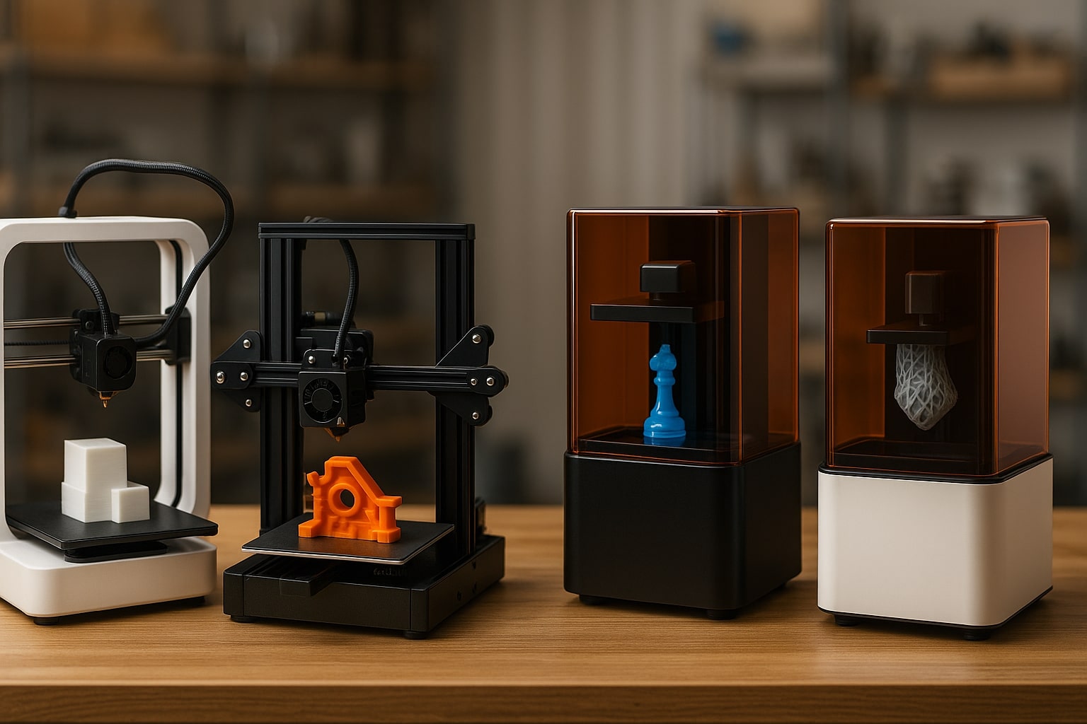 Farklı 3D yazıcı modelleri bir atölye masasında duruyor